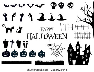 Feliz Vector de Halloween y fondo. Garrapatas o golosinas. Calabaza sonriente y casa de halloween. 