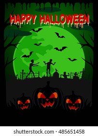 Happy Halloween vector background with zombie and scary pumpkin