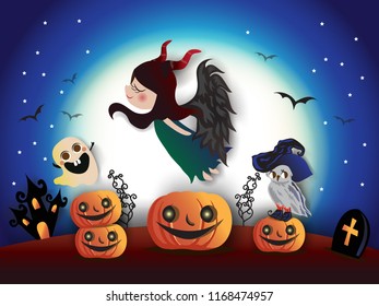 Happy halloween vector background,Female devil flying in the night sky over pumpkins and caste,Halloween background,Paper art style