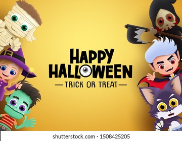 Happy halloween vector banner background. Halloween characters and trick or treat greeting text with zombie, witch, vampire and a reape and empty space for message . Vector illustration. 
