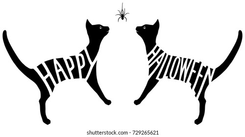 Happy Halloween vector banner in black and white. The pattern consists of two cat silhouettes with custom lettering text on them. The cats are looking up at a spider hanging down from the top. 