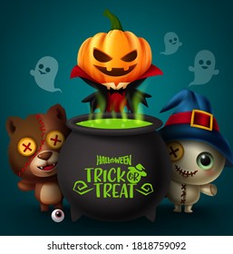 Happy halloween vector banner concept design. Happy halloween text in pot magic potion with scary characters like pumpkin, bear and teddy bear characters for trick and treat party. Vector illustration