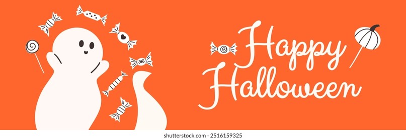 Happy Halloween vector banner with cute ghost and candy. 