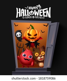 Happy halloween vector banner design. Happy halloween trick or treat with pumpkin, demon and bear characters in open door for halloween party. Vector illustration 