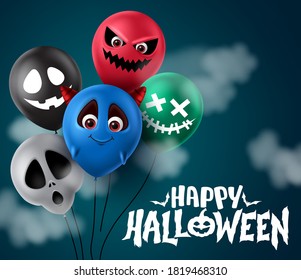 Happy halloween vector banner design. Happy halloween text with balloon element in scary character faces like demon, ghost, skull and devil for trick or treat party element design. Vector illustration