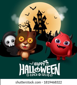 Happy halloween vector banner design. Happy halloween trick or treat text with creepy characters face like demon, bear and grim reaper in haunted house horror background. Vector illustration 