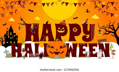 Happy Halloween vector banner illustration. Pumpkin house with costume kids.
