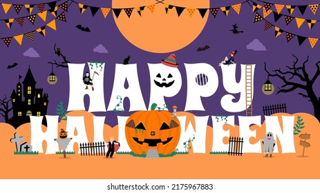 Happy Halloween vector banner illustration. Pumpkin house with costume kids.
