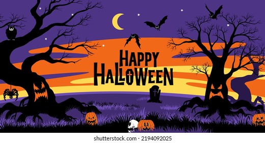 Happy Halloween vector banner. Illustration in funny cartoon comic style, flat design. Dead monster trees, bats, pumpkins, owl, spider, headstone, skull against the backdrop of a night scary landscape