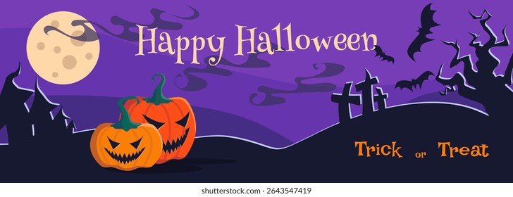 Happy Halloween vector banner illustration with pumpkins, bat characters elements. Trick or treat text. Holiday vector poster, print.