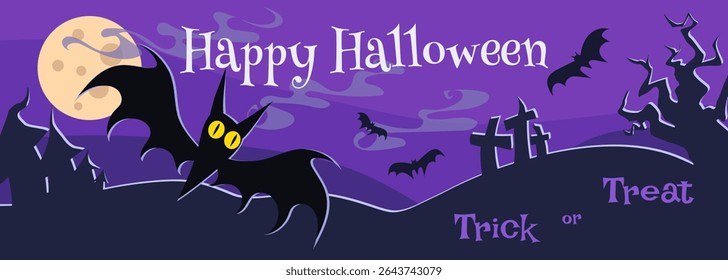 Happy Halloween vector banner illustration with bat characters elements. Trick or treat text. Holiday vector poster, print.
