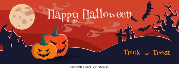 Happy Halloween vector banner illustration with pumpkins, bat characters elements. Trick or treat text. Holiday vector poster, print.