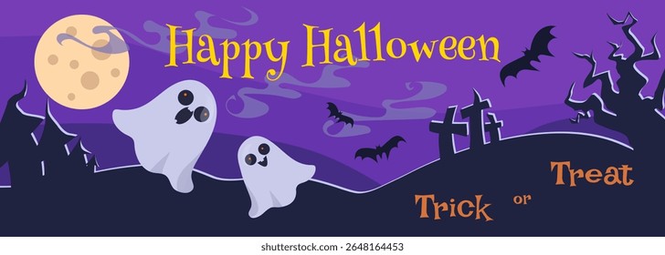 Happy Halloween vector banner illustration with ghost, bat characters elements. Holiday vector poster, print.