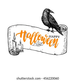 Happy Halloween vector banner with lettering and ribbon, candle and raven drawing. Isolated holiday illustration with message