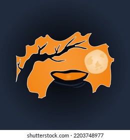 Happy Halloween vector banner or party invitation background with night clouds and big laver. Full moon in yellow sky and dry tree. Place for text. Suitable for many purposes.