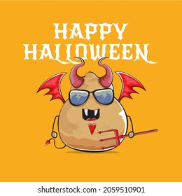 Happy Halloween vector banner or poster with funny cartoon cute demon potato with fangs, trident and red wings isolated on orange background. My name is demon potato concept halloween background.