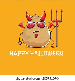 Happy Halloween vector banner or poster with funny cartoon cute demon potato with fangs, trident and red wings isolated on orange background. My name is demon potato concept halloween background.