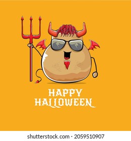 Happy Halloween vector banner or poster with funny cartoon cute demon potato with fangs, trident and red wings isolated on orange background. My name is demon potato concept halloween background.