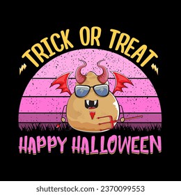 Happy Halloween vector banner or poster with funny cartoon cute demon potato with fangs, trident and red wings isolated on sunset background. My name is demon potato concept halloween background.