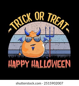 Happy Halloween vector banner or poster with funny cartoon cute demon potato with fangs, trident and red wings isolated on sunset background. My name is demon potato concept halloween background.