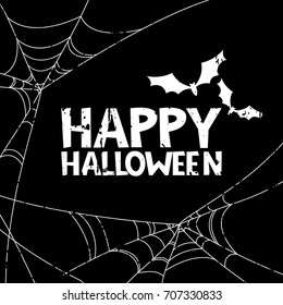 Happy Halloween vector banner, poster design elements. Holiday black and white illustration with removable grunge texture. Doodle letters, bat and spiderweb for greeting card, print or invitation.