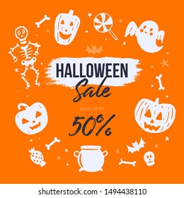 Happy Halloween vector banner with pumpkin, ghost. Doodle poster, party invitation.
