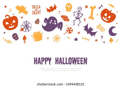 Happy Halloween vector banner with pumpkin, ghost. Doodle poster, party invitation.