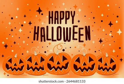 Happy Halloween vector banner. A row of big spooky carved pumpkins jack-o-lanterns on a vibrant orange gradient background with stars. Festive illustration for holiday greetings.