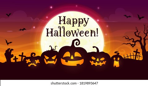 Happy Halloween vector banner. Scary pumpkin jack lanterns on night cemetery with zombie hand, creepy trees and cross tombs, on night graveyard background with bats. Cartoon Halloween greeting card