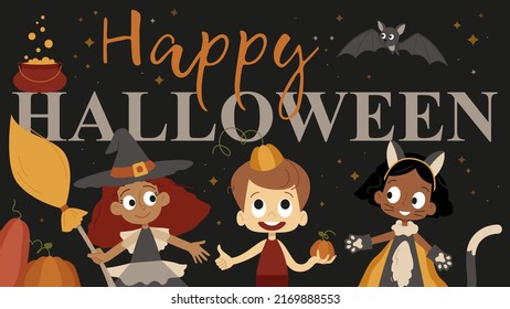 Happy Halloween vector banner. Set of halloween cartoon characters. Kids in halloween costumes. Funny cartoon halloween illustration for banner, invitation, flyer, kids party.