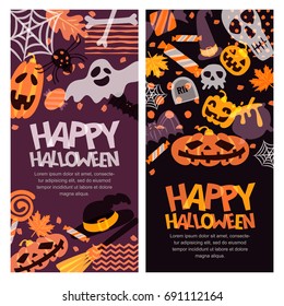 Happy Halloween vector banner set. Hand drawn doodle pumpkin, skull, witch hat, bones, candies, ghost, broom, cauldron and letters. Holiday design elements for greeting card, poster