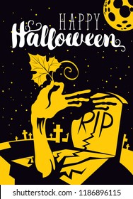 Happy Halloween vector banner with zombie arm rising out from the grave with pumpkin leaf on the background of night cemetery. Scary invitation to zombie party