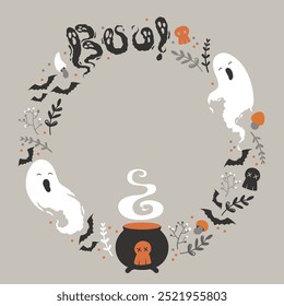 Happy Halloween vector card with cute ghosts, sweets, witch cauldron, bats and skulls wreath isolated on grey background. Illustration for poster, greeting card, banner, party invitation