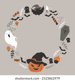 Tarjeta de Vector de Halloween feliz con la calabaza linda en sombrero de bruja, fantasma, dulces, murciélagos y guirnalda de los cráneos aislados en fondo gris. Ilustración para el cartel, tarjeta de felicitación, Anuncio, invitación del partido