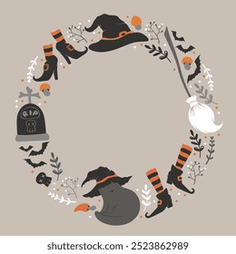 Happy Halloween vector card with cute cat, witch hats and shoes, bats and skulls wreath isolated on grey background. Illustration for poster, greeting card, banner, party invitation