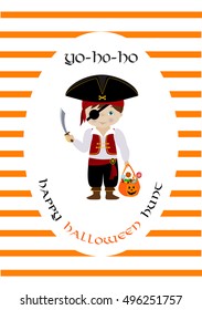 Happy halloween vector card with cute cartoon pirate