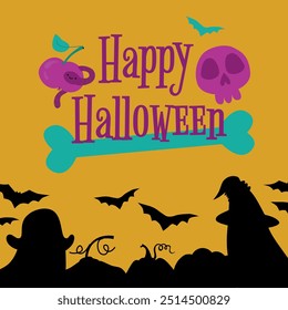 Happy Halloween vector card. Flat illustration with black silhouette ghosts in a magics cap, bats and holidays phrase. Hand drawn illustration on a orange background. Funny halloween poster.