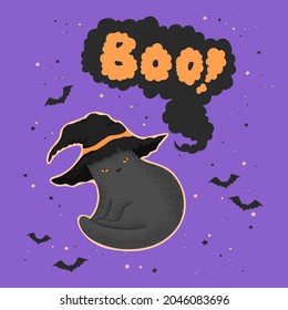 Happy Halloween vector card with hand drawn cute cat in witch hat and lettering isolated on purple background. Illustration template for invitation, card, print, banner