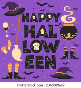 Happy Halloween vector card with hand drawn lettering, cauldron, bats, witch hats and shoes isolated on purple background. Illustration template for invitation, card, print, banner