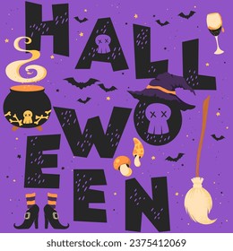 Happy Halloween vector card with hand drawn lettering, cauldron, bats, witch hat and shoes isolated on purple background. Illustration template for card, print, invitation, banner