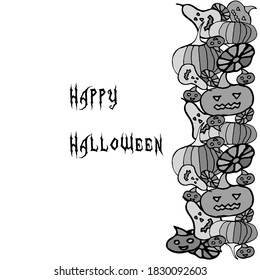 Happy Halloween vector card. Holiday bordure with pumpkins on white background for banner, poster, greeting card, party invitation.
