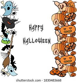 Happy Halloween vector card. Holiday bordure with pumpkins, spiders, ghosts, bats on white background for banner, poster, greeting card, party invitation.
