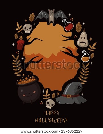 Happy Halloween Vector card, illustration of cute halloween stuff,  leaves, skull, pumpkin, witch cauldron, frame