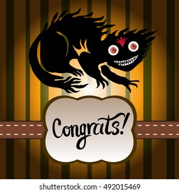 Happy Halloween. Vector card template. Monster and the word congrats.Label with tape.