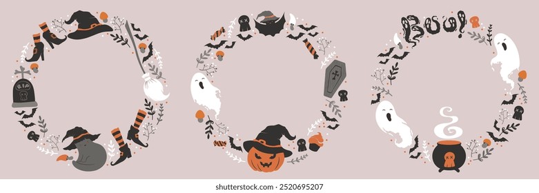 Happy Halloween vector cards collection with cute cat, witch hats and shoes, bats and skulls wreaths isolated on pink background. Illustration for poster, greeting card, banner, party invitation