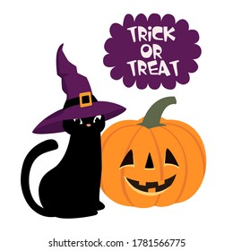 Happy Halloween. Vector cartoon illustration with a black cat and pumpkin. Element for card, poster, banner, logo and other use.