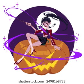 Happy Halloween! Vector cartoon illustration of a witch casting a spell sitting on a carved pumpkin. Vector Halloween sticker of a magical witch drawn in a cute cartoon style