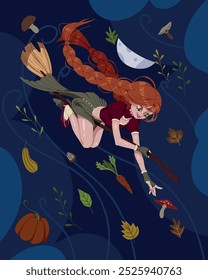 Happy Halloween! Vector cartoon illustration of a witch flying on a broom at night with autumn harvest vegetables. Vector autumn sticker of a magical witch in a cute cartoon style	