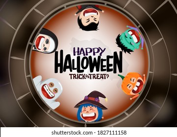 Happy halloween vector character concept design. Halloween text with cute characters like pumpkin, witch, ghost, nun, and vampire in wishing well for horror cartoon design. Vector illustration.