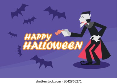 Happy Halloween vector character Dacula give candy with purple background isolated 